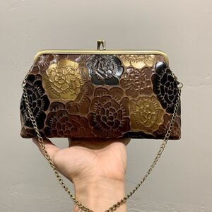 Handmade Genuine Leather Floral Embossed, Metal Frame Small Clutch/Phone Case